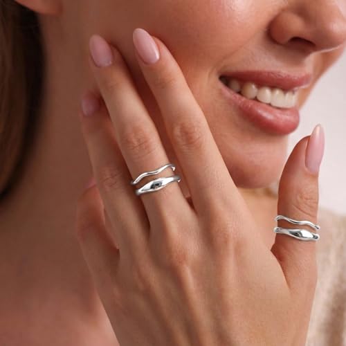 Gold Rings for Women Men Non Tarnish, Waterproof Chunky 14K Gold Plated Dainty Stackable Rings Trendy Statement Pinky Thumb Rings Engagement Eternity Wedding Band Ring Stacking Gold Jewelry Size 3 4 5 6 7 8 9 10 11 - color: Silver, size: 8