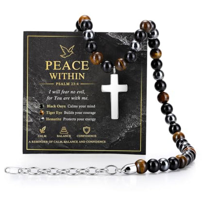 Beaded Cross Necklace Gifts for Men - Triple Protection Black Onyx Obsidian Tiger Eye Natural Stone Necklace Stainless Steel Cross Pendant Stress Relief Balance Faith Jewelry Gifts for Husband Dad Son - color: PSALM 23:4