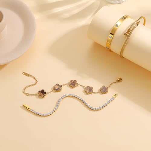 18 K Gold Plated Love Bangle Bracelet Stack for Women,Set of 4 Floral Clover Chain, Tennis Crystal &Gold Stackable Bangle Bracelet -Adjustable Layered Jewelry Gift for Wife Valentines Mother's Day-MVCOLEDY - color: Brown