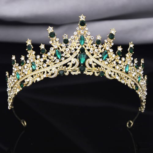 Women Tiaras and Crowns Bridal Jewelry Set with Rhinestones, Gold Plated Floral Necklace Tiara and Earrings, Wedding Birthday Party Accessories - color: Gold Green