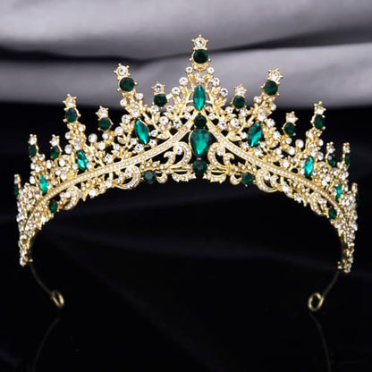 Women Tiaras and Crowns Bridal Jewelry Set with Rhinestones, Gold Plated Floral Necklace Tiara and Earrings, Wedding Birthday Party Accessories - color: Gold Green