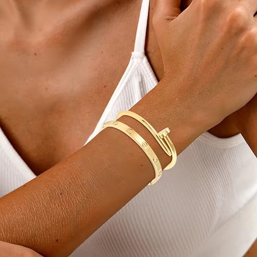 Gold Bangle Bracelets for Women -2PCS Friendship & Love Bangle Bracelet Clover Nail Bracelet Stack Set Trendy Non-Tarnish Stainless Steel Jewelry Gifts for Mom Wife Her - color: Gold-B