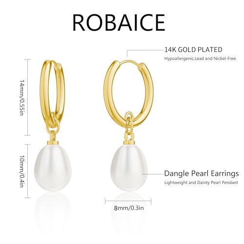 Robaice Pearl Earrings for Women, 14K Gold Plated Dangle Drop Earrings | Small Pearl Drop Huggie Hoop Earrings, Hypoallergenic Dainty Gold Earrings, Wedding Jewelry Gifts for Women Trendy - style: small drop pearl earrings