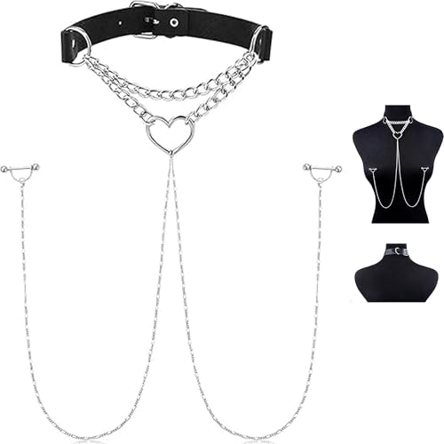 Nipple Ring with Choker Necklaces Stainless Steel Nipple Rings Chain Heart Cat Head Punk Chokers for Women Nipple Barbell Piercing Jewelry - color: Black PU Leather Heart with Chain Style