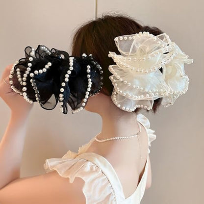 Elegant Pearl-Trimmed Hair Claw Clips, Black and White Chiffon Silk Bows, Large Nonslip French Barrette Hair Accessories for Women, 2 Pack