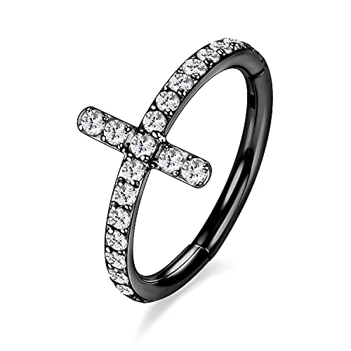 16G Cartilage Earring Hoop 316L Surgical Steel Daith Helix Conch Earrings Tragus Rook Earrings CZ Opal Septum Jewelry Seamless Clicker Nose Rings Hinged Segment Ring Hoop Earring for Women Men - color: 1PC,Black,Cross CZ