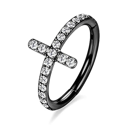 16G Cartilage Earring Hoop 316L Surgical Steel Daith Helix Conch Earrings Tragus Rook Earrings CZ Opal Septum Jewelry Seamless Clicker Nose Rings Hinged Segment Ring Hoop Earring for Women Men - color: 1PC,Black,Cross CZ