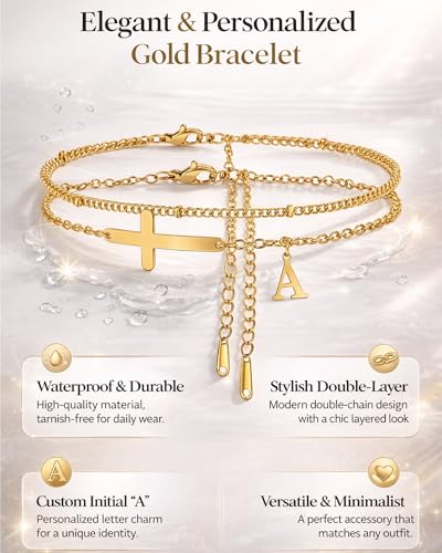 Layered Cross Initial Ankle Bracelets for Women Waterproof 14K Gold Plated Non Tarnish Stainless Steel Stacking Letter Charm Anklets Summer Beach Foot Jewelry Gift - color: gold
