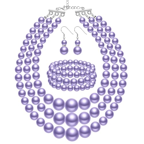 Haysandy Pearl Jewelry Set for Women 20s Jewelry Gift | Retro Layered Necklace Bracelet Earring, Costume Accessories for Derby Wedding Prom Party, Dress Matching Occasions - color: Light Purple