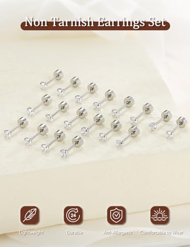 SIISPRI 10 Pairs Tiny Cartilage Stud Earrings for Women Men 14K Gold Plated Surgical Stainless Steel Flat Back Earrings Hypoallergenic Cubic Zirconia Studs Earrings 2mm 3mm Tragus Helix Daith Piercing - color: 3mm-silver-10pair