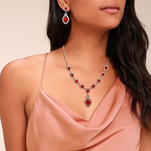 EVER FAITH Bridal Wedding Crystal Marquise Teardrop Pendant Necklace Earrings Bracelet Set for Prom - color: Red Silver-Tone