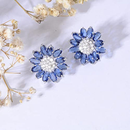 Crystal Flower Burst Stud Earirings - Big Sterling Silver CZ Cubic Zirconia Rhinestone Daisy Sunflower Floral Cluster Studs Bridal Wedding Party Prom Costume Jewelry for Bride Bridesmaids Women Birthstone Birthday Gift - color: Blue