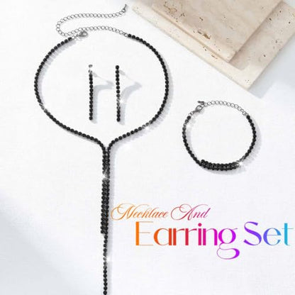Silver Bridal Wedding Jewelry Sets Rhinestone Necklace Earrings Bracelet Set Prom Formal Costume Jewelry Sets for Women and Brides - color: Black