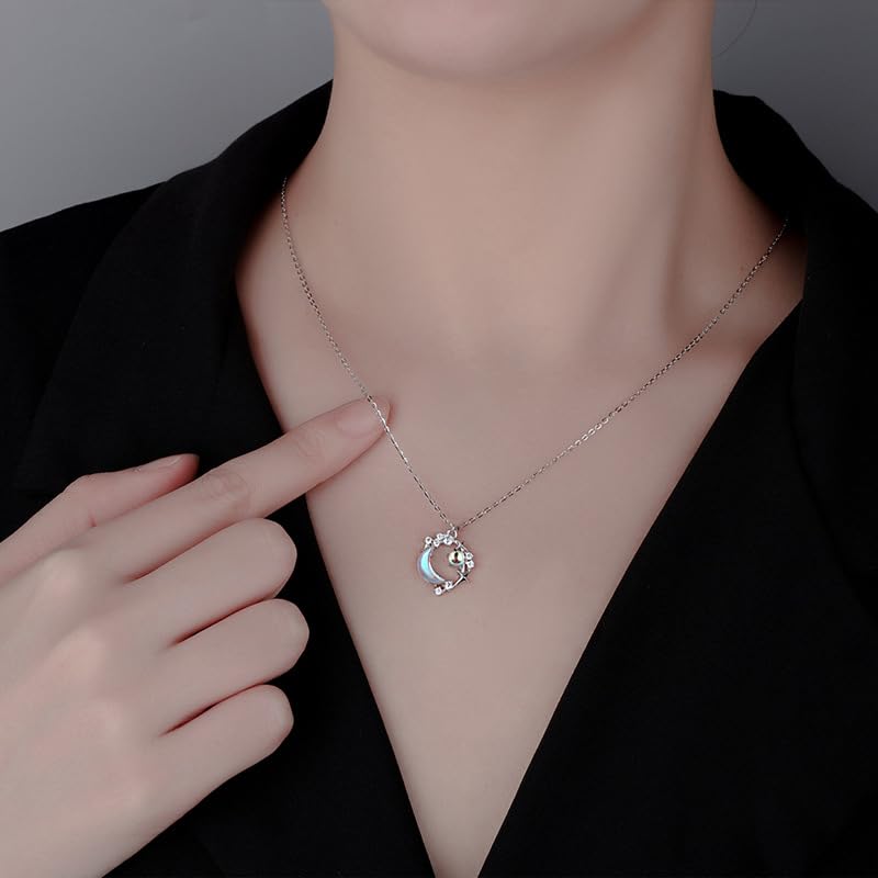 Silver Moon and Star Necklace for Women,Dainty CZ Crescent Pendant, Jewelry Gift for Birthday, Anniversary, Mother’s Day