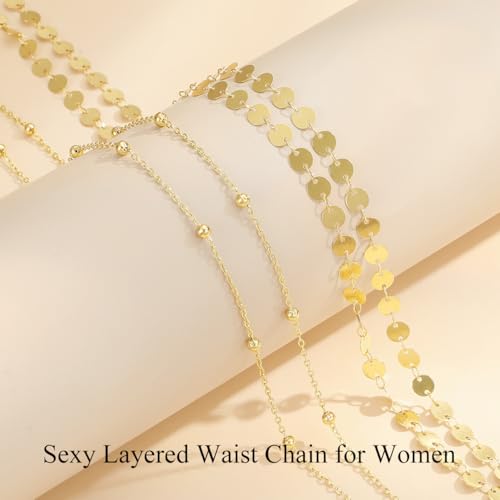 Yowivon Waist Chain for Women, 14K Gold Plated Body Chain, Dainty Cuban Layered Belly Beads Chains, Waterproof Adjustable Sexy Bikini Beach Jewelry Accessories Daily Belts Gifts - style: 2Pcs-Sequin & Bead