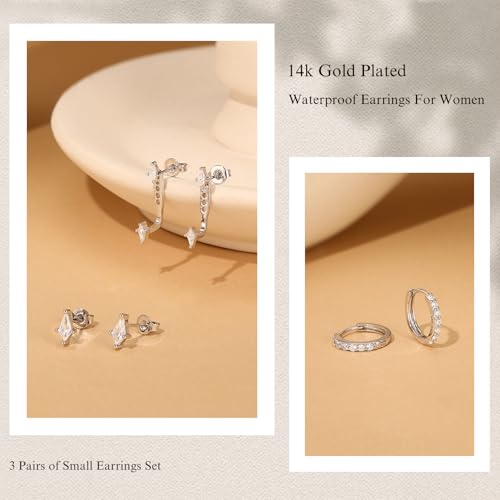 3 Pairs Stackable Kite Stud Earrings Set for Women Trendy | Dainty Birthstone Stud Gold & 925 Sterling Silver Huggie Hoop Jacket Stack Earrings for Women 2026 - color: Silver-Zircon