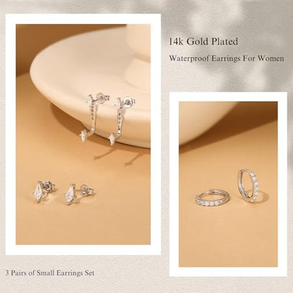 3 Pairs Stackable Kite Stud Earrings Set for Women Trendy | Dainty Birthstone Stud Gold & 925 Sterling Silver Huggie Hoop Jacket Stack Earrings for Women 2026 - color: Silver-Zircon