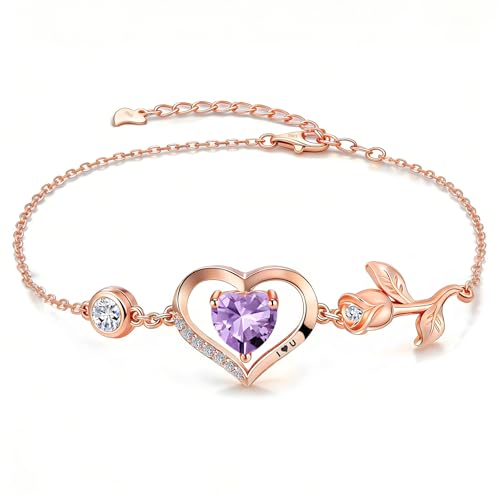 1CT Rose Heart Birthstone Bracelet for Women Love Gift - style: 06-Jun Light Purple Rose Gold