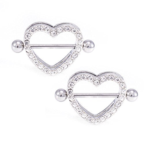 14G Stainless Steel CZ Paved Heart Nipple Rings Nipple Piercing Jewelry for Women 7/8 Inch 22mm - color: Silver - Clear CZ
