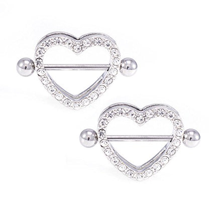 14G Stainless Steel CZ Paved Heart Nipple Rings Nipple Piercing Jewelry for Women 7/8 Inch 22mm - color: Silver - Clear CZ