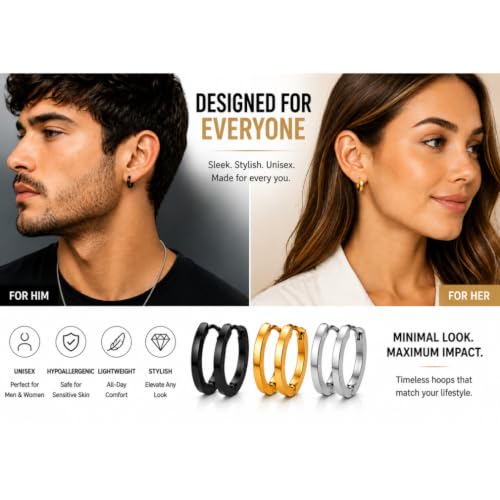 3 Pairs Stainless Steel Huggie Hoop Earrings for Men and Women – Black, Gold & Silver Hinged Hoop Set – Hypoallergenic Small Clicker Earrings for Everyday Wear