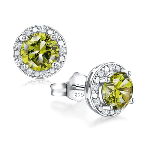 Dainty Birthstone Earrings for Women Sterling Silver Small Stud Earrings with Halo Cushion/Round Created Gemstone Earrings Birthstone Jewelry - style: B 08. Aug./created peridot-round cut