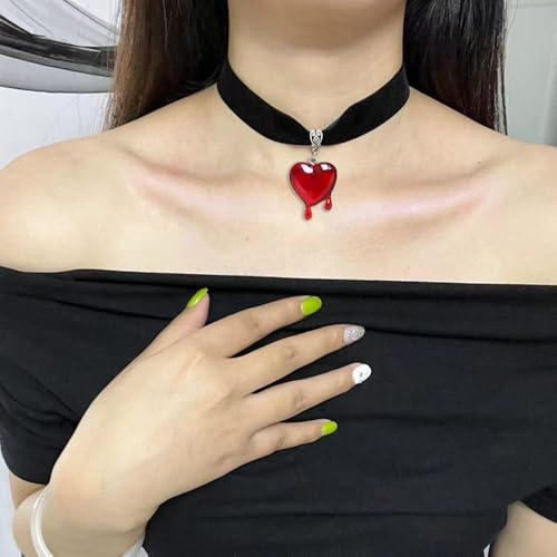 TKHLT Dropping Blood Heart Choker Necklace Y2k Black Velvet Red Heart Pendent Choker Vampire Jewelry Gift for Women