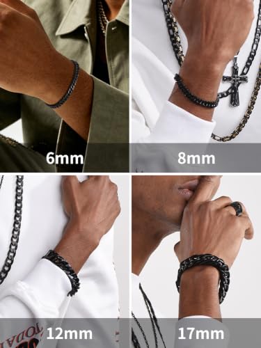 ChainsHouse Stainless Steel Cuban Link Bracelet, 6mm/8mm/12mm/17mm Width, 7.5"/8.3"/9", Black/ 18K Gold Plated Chain Wrist Bracelets for Men Women, Send Gift Box - color: H: Black-6mm width