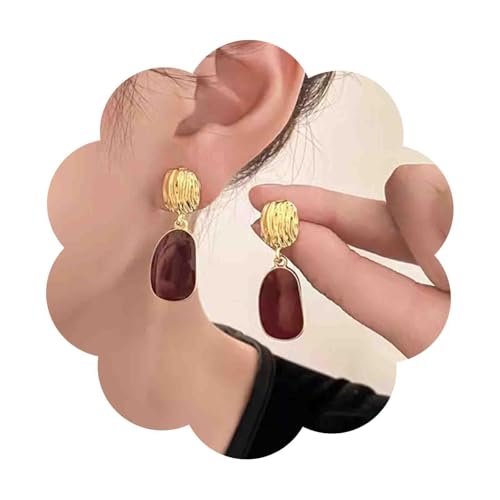 Vintage Oval Enamel Burgundy Earrings Gold Hammered Disc Stud Earrings Enamel Red Drop Earrings Irregular Burgundy Dangle Earrings Red Acrylic Geometric Earrings Jewelry for Women