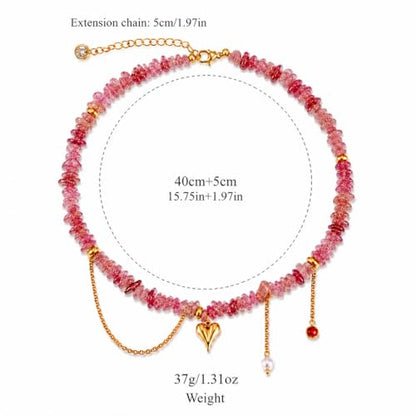 Pink Natural Stone Heart Pendant Necklace for Women, 18K Gold Stainless Steel Beaded Choker Necklace, Romantic Layered Jewelry
