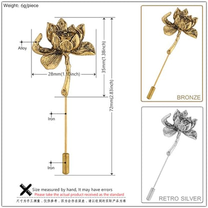 Dreuyet Simple Gold Silver Plated Long Brooch Pins with Cute Animal Antlers Leaves Plant Bees Rabbits Rose Flower Feather Brooch Jewelry for Women Men Elegant Suit Collar Lapel Pin - style: Lotus