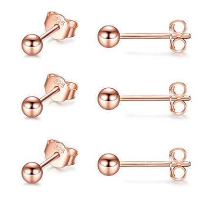 EPIRORA Sterling Silver Stud Earrings for Women Men- 3 Pairs 3mm Tiny Ball Stud Earrings Round CZ Earrings Pearl Earrings Set Cartilage Small Tragus Earrings - style: 3 Pairs-Round Ball Earrings(Rose Gold)