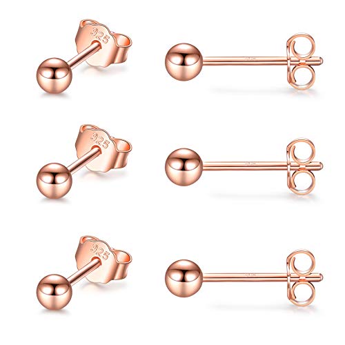 EPIRORA Sterling Silver Stud Earrings for Women Men- 3 Pairs 3mm Tiny Ball Stud Earrings Round CZ Earrings Pearl Earrings Set Cartilage Small Tragus Earrings - style: 3 Pairs-Round Ball Earrings(Rose Gold)