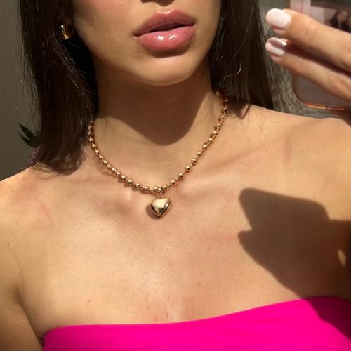18k Gold Plated Chain Link Necklace for Women, Baroque Pearl/Compass Pendant Necklace - color: Puffy Heart