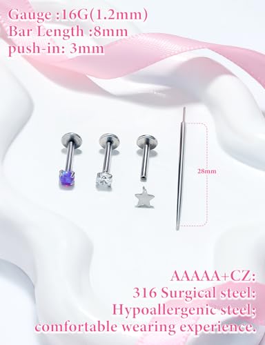 Prjndjw 18G 20G 16G Push in Threadless Nose Rings Stud Earrings Hypoallergenic Flat Back Surgical Stainless Steel Cubic Zircon Helix/Cartilage/Tragus/Lobe Earrings Lip Labret Snake Bite Jewelry - color: 16g 8mm Push In Flat Back Stud Piercing jewelry