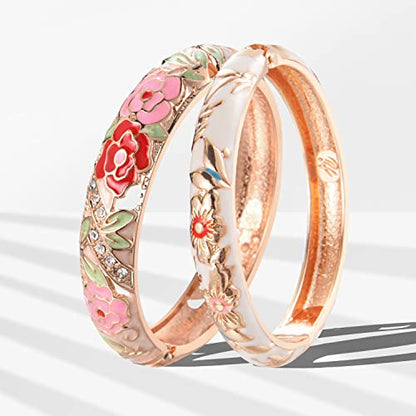 UJOY Cloisonne Bangle Colorful Enamel Filigree Rose Flower Hollowed Crystal Bracelet for Women Gifts 88A09 - color: C06-2 Pcs Set/Rose-White