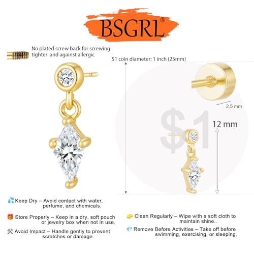 Flat Back Earrings for Women Cartilage Helix | Comfortable Dainty Cute Dragon Bee Bird Phoenix Dragonfly Cute Animal Leaf Spiral Rhombus Design Flatback Stud Earrings - color: gold dangle
