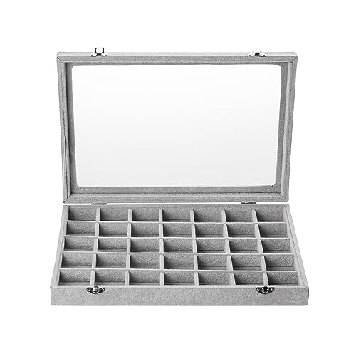 Frebeauty Velvet Jewelry Tray,35 Grid Jewelry Organizer with Clear Lid,Earring Holder Organizer Case with Clasp,Drawer Insert for Rings Studs,13.8 x 9.5 x 2 Inches,Gift for Women Girls(Grey) | Drawer Jewelry Organizer for Rings Studs Beads,Adjustable Divi