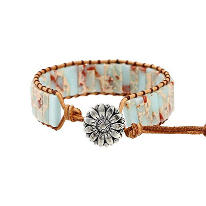 Plumiss Women Boho Handmade Natural Stone Crystal Leather Bead Wrap Bracelets Collection - style: Agalmatolite