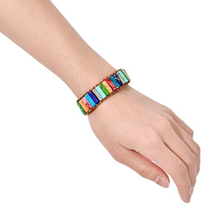 sedmart 7 Chakra Bracelets for Women with Real Stones Leather Wrap Healing Bead Bracelet Women Men Boho Friendship Jewelry - color: A1 Colorful Sunflower Button