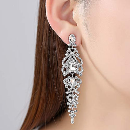 Flower Teardrop Bridal Wedding Dangle CZ Earrings in Silver/Gold Tone for Women Girl Bride Gift … - color: E-Clear