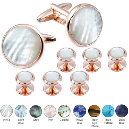 Elegant Mother-of-Pearl Cufflink & Stud Set for Men - Trendy Round Design for Weddings, Parties, and Ceremonies - color: Colorful