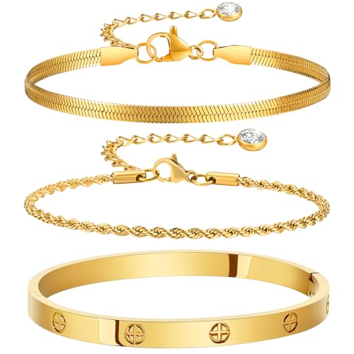 Waterproof 18K Gold PVD Plated Bracelet for Women, Non-Tarnish Stainless Steel Bangle with Engraved Cross Pattern and 5A Cubic Zirconia, Trendy Jewelry Gift for Her - color: Gold 3pcs, M/L, size: M/L