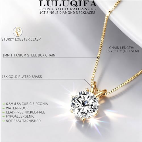 1Ct Cubic Zirconia Necklaces for Women Dainty Solitaire Simulated Diamond White Gold Pendant,Silver Clavicle Choker Adjustable Box Chain,Luxury Trendy Jewelry for Anniversary Her Mom Wife Gifts - color: Gold