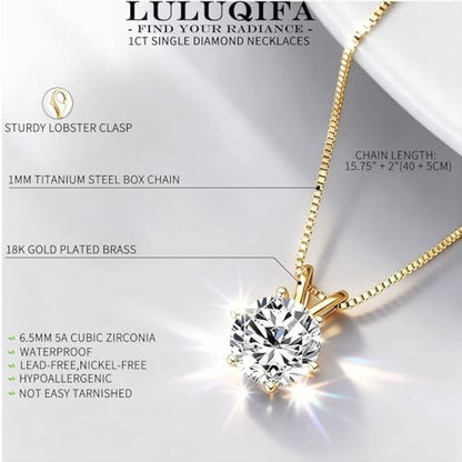 1Ct Cubic Zirconia Necklaces for Women Dainty Solitaire Simulated Diamond White Gold Pendant,Silver Clavicle Choker Adjustable Box Chain,Luxury Trendy Jewelry for Anniversary Her Mom Wife Gifts - color: Gold