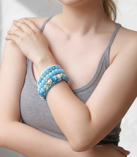 Noessla Beaded Boho Stretch Bracelet Colorful Stackable Crystal Beads Bracelets Trendy Costume Jewelry Mothers Day Gifts for Women - color: 21-Lake blue