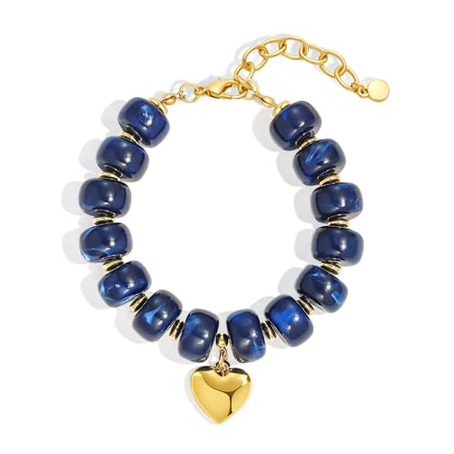 WOWORAMA Colorful Beaded Bracelets for Women Multicolor Acrylic Resin Beads Bracelet with Heart Charm Boho Statement Chunky Bracelet Summer Holiday Jewelry - color: Heart-Navy Blue