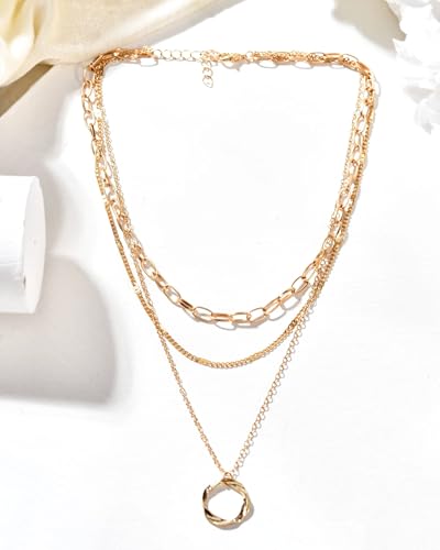 18K Gold Plated Triple Layered Necklace for Women, Multi-Strand Choker with Twisted Eternity Circle Pendant, Elegant Link and Dainty Chain Jewelry for Professional Outfits and Modern Fashion Accents
