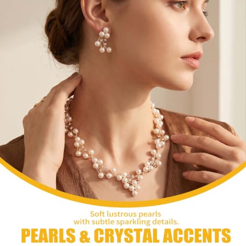Faux Pearl Bridal Jewelry Set,Necklace Earrings Wedding Set | Vintage Flower Design, Hypoallergenic, Lightweight.