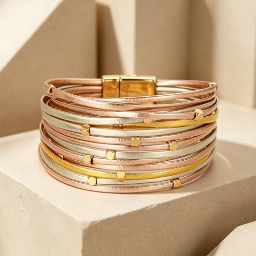 hotoo Leather Wrap Bracelet for Women - color: Multi-Strand (Mixed Gold)